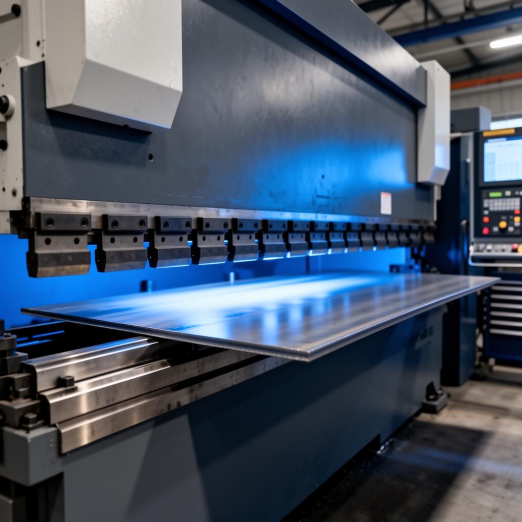 CNC press brake bending steel plate in an industrial factory